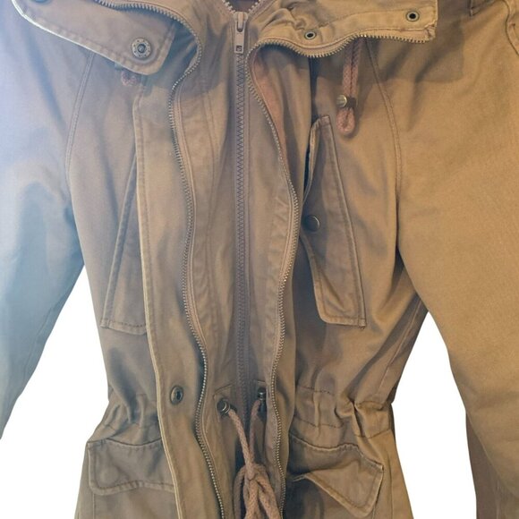 Olive Green Hooded Chore Barn Jacket LG Pockets Snaps 2 Zippers Draw String S-M - Picture 7 of 16